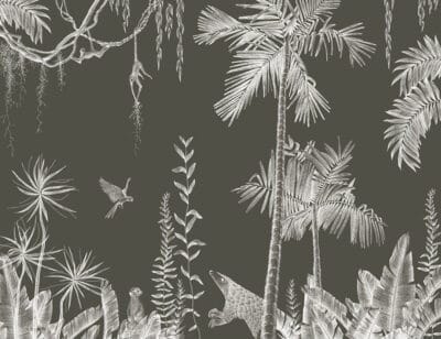 Palm trees, birds and tropical animals at night wall mural