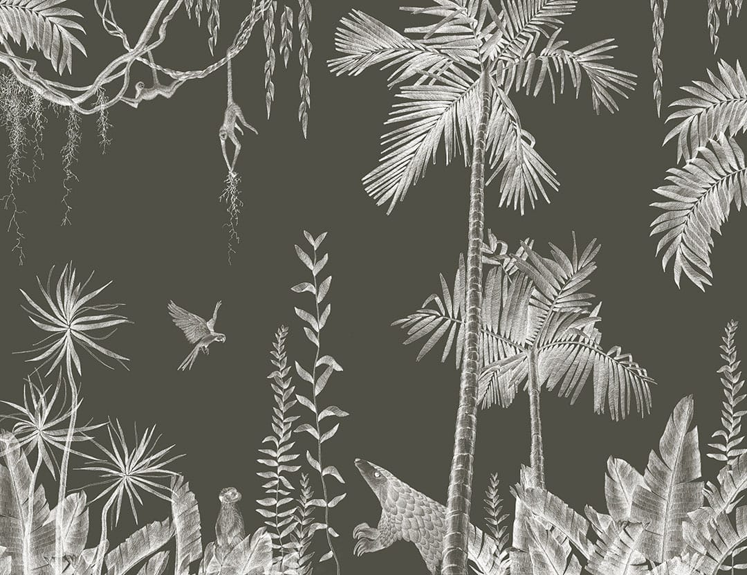 Palm trees, birds and tropical animals at night wall mural