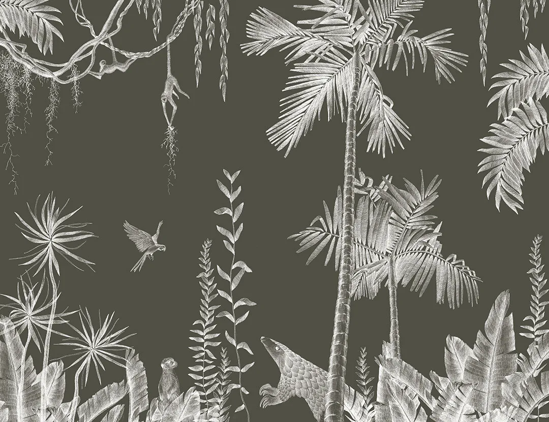 Palm trees, birds and tropical animals at night wall mural