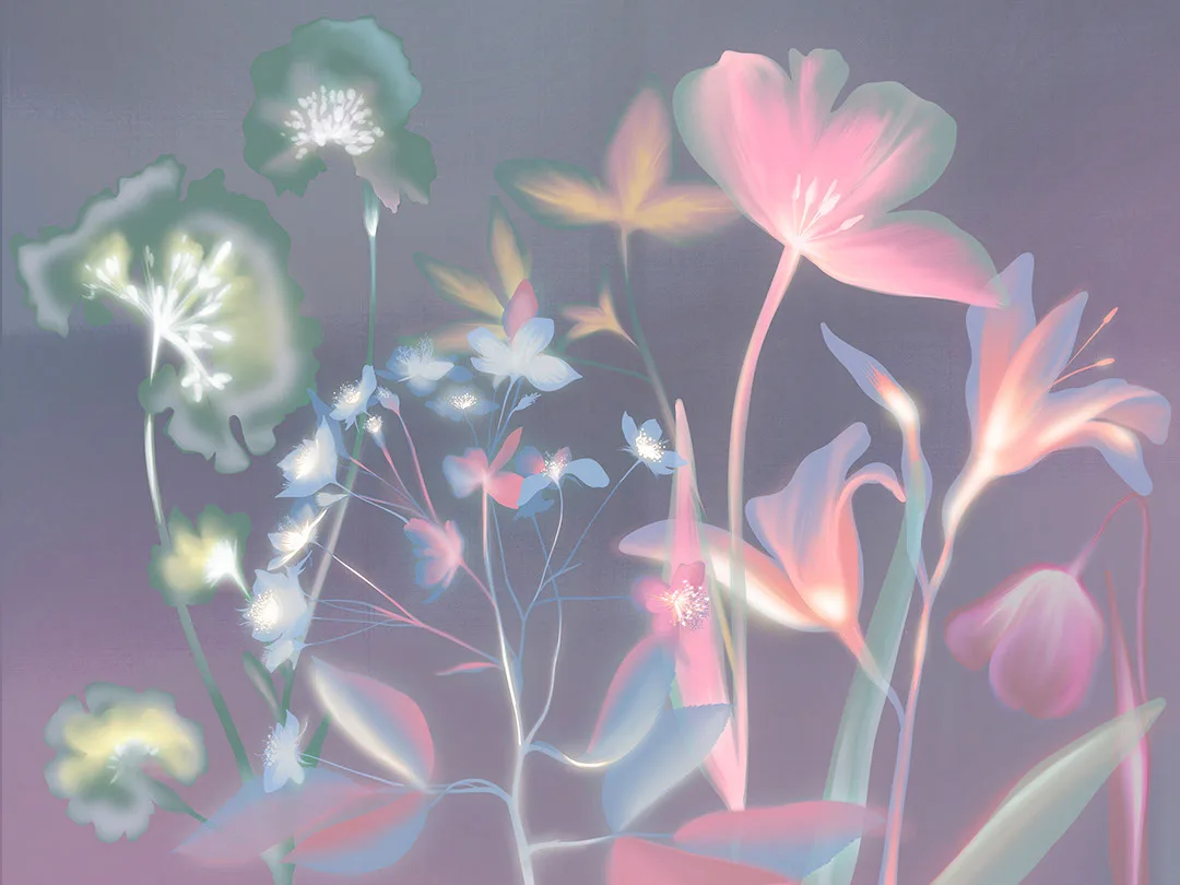 Colorful flowers wall mural with purple X-ray effect