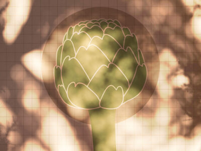 Illustrated oversized artichoke wall mural on the geometrical background with sun glares