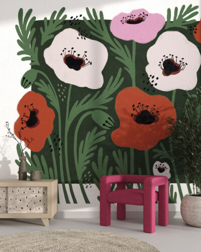 Bright illustrated flowers with an asymmetrical background wall mural for the living room