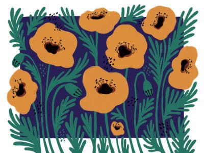 Yellow illustrated flowers wall mural with an asymmetrical blue background