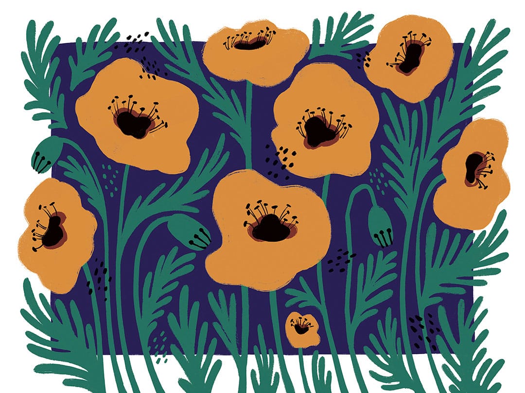 Yellow illustrated flowers wall mural with an asymmetrical blue background