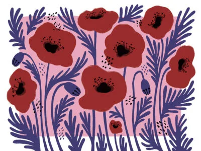 Red illustrated flowers wall mural with an asymmetrical pink background