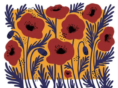 Red illustrated flowers wall mural with an asymmetrical yellow background