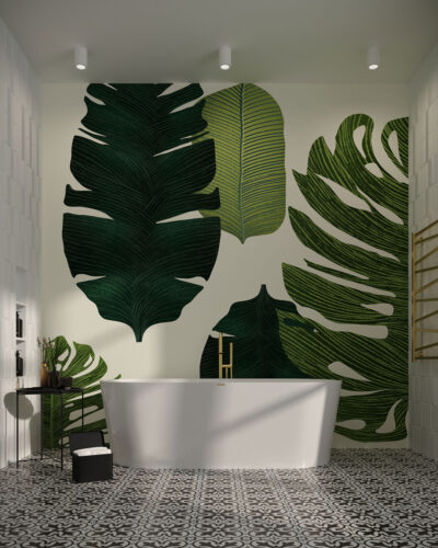 Oversized illustrated palm leaves wall mural for the bathroom