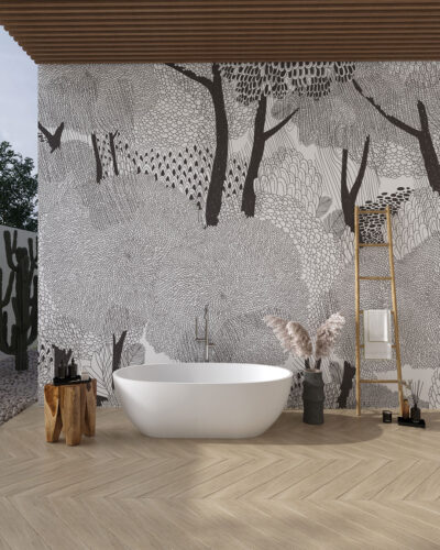 Detailed illustrated tree crowns wall mural for the bathroom
