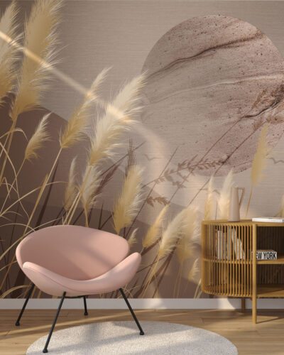 3D grass awns and textured metallic geometry wall mural for the living room