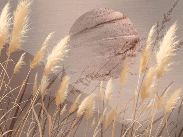 Golden grass awns and textured metallic geometry wall mural 3D