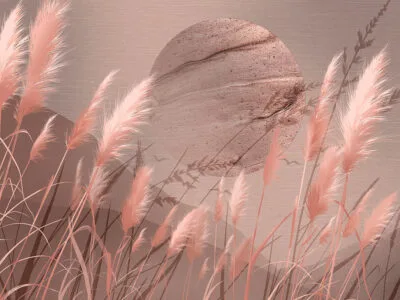 Pink grass awns and textured metallic geometry wall mural 3D