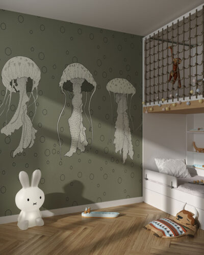 Line work jellyfish wall mural with water bubbles for a children's room