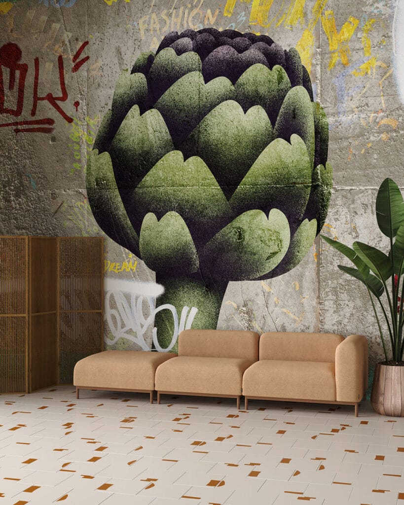Wall Mural Retorica for the living room - kith2kin.com Oversized artichoke graffiti wall mural for the living room
