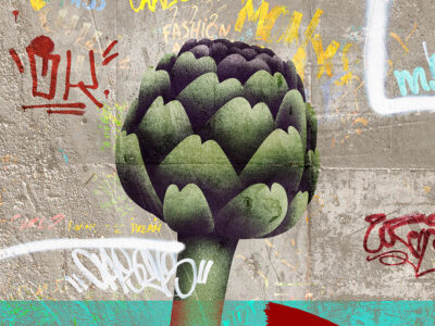 Oversized artichoke on the graffiti background wall mural