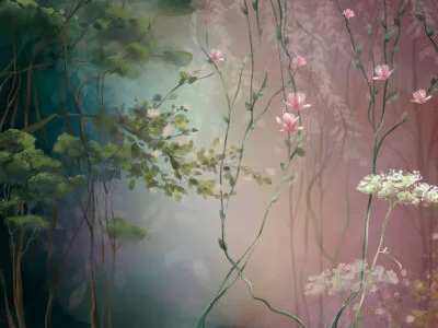 Delicate floral wall mural in pink, blue and green colors