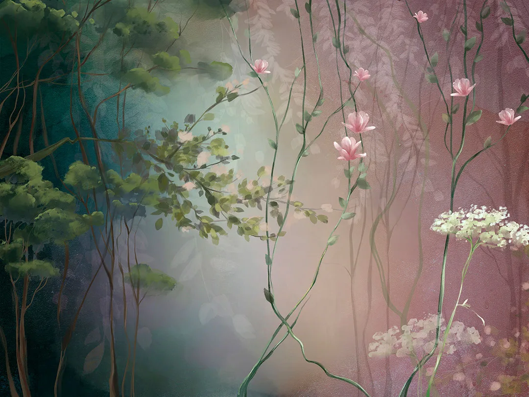 Delicate floral wall mural in pink, blue and green colors