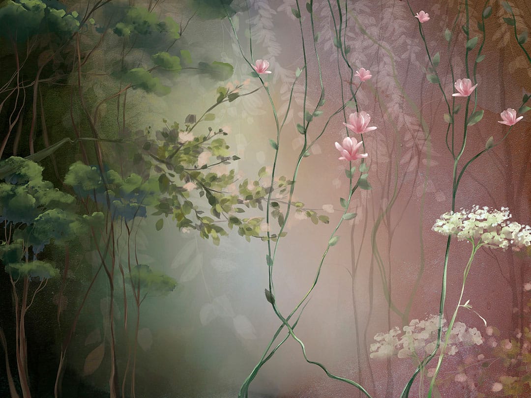 Delicate pink and green floral wall mural
