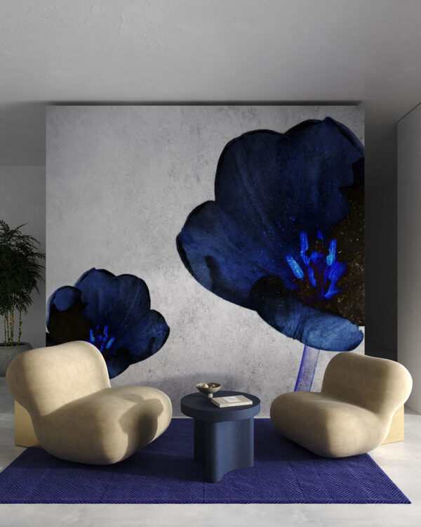 Neon-blue violet flowers on a concrete background wall mural for the living room