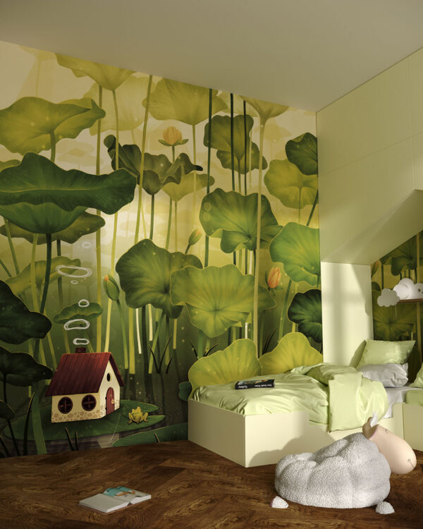 Thumbelina inspired wall mural for a children's room with water lilies and a cute frog