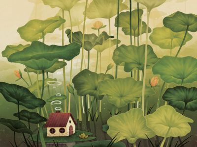 Thumbelina inspired wall mural with water lilies and a cute frog