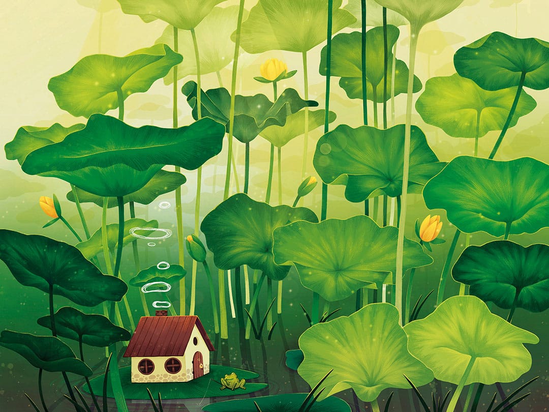 Thumbelina inspired bright wall mural with water lilies and a cute frog