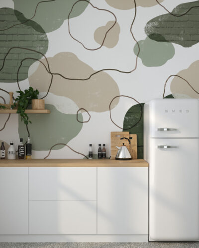 Neutral abstract wall mural for the kitchen with brick faux texture