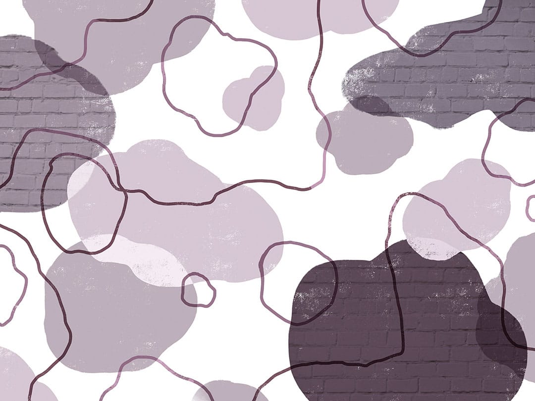 Neutral abstract wall mural with purple brick faux texture