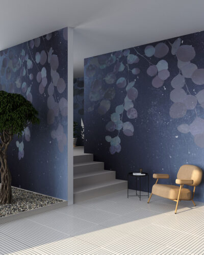Tender gradient wall mural for the living room with overhanging leaf branches