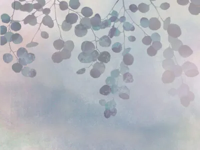 Tender gradient wall mural with overhanging leaf branches