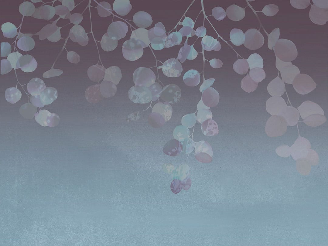 Tender blue gradient wall mural with overhanging leaf branches