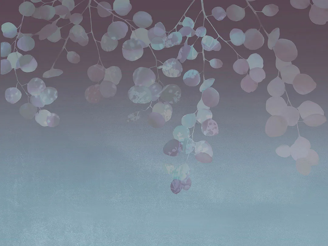 Tender blue gradient wall mural with overhanging leaf branches