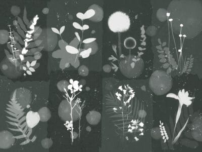 Mosaic gray wall mural with imprints of floral leaves