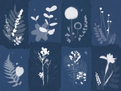 Mosaic blue wall mural with imprints of floral leaves