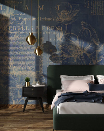 Minimalistic linear flowers with vintage text wall mural for the bedroom