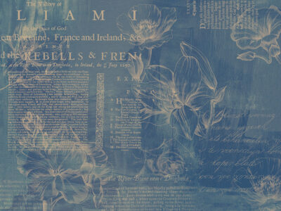 Minimalistic linear flowers with vintage text navy blue wall mural