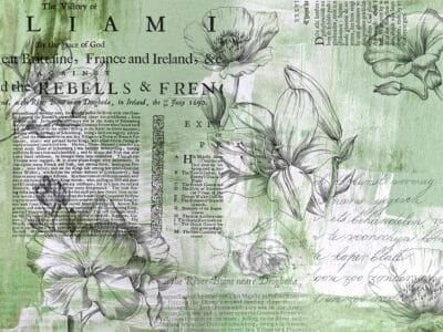 Minimalistic linear flowers wall mural with vintage text on the green background