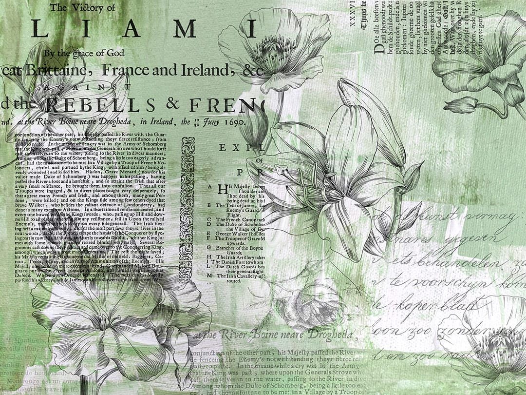 Minimalistic linear flowers wall mural with vintage text on the green background