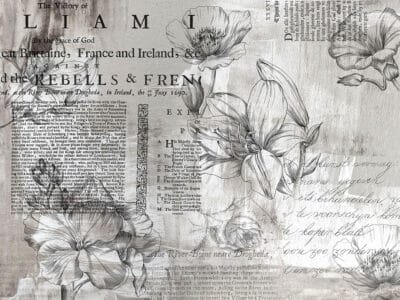 Minimalistic linear flowers wall mural with vintage text on the gray background