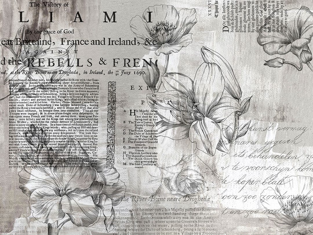 Minimalistic linear flowers wall mural with vintage text on the gray background