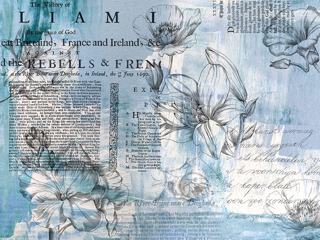 Minimalistic linear flowers wall mural with vintage text on the blue background