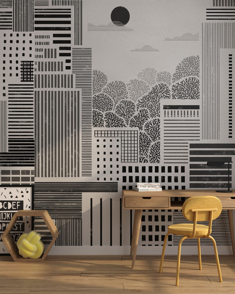 Illustrated city view in black and white wall mural for a children's room