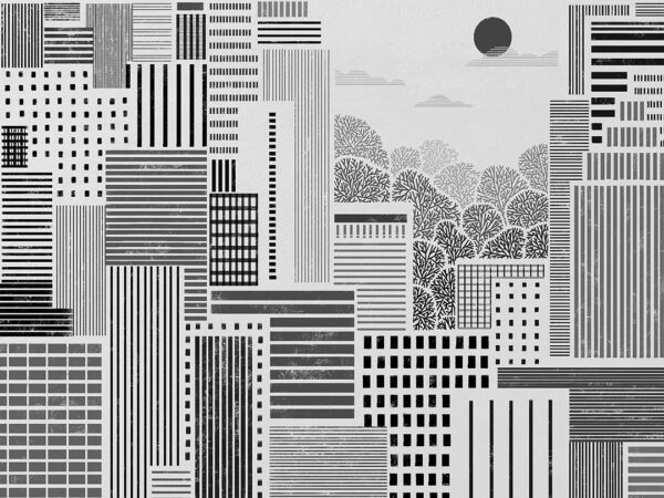 Illustrated city view in black and white wall mural