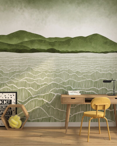 Watercolor field and mountains wall mural for a children's room