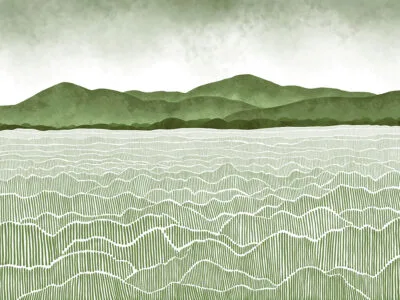 Watercolor green field and mountains wall mural