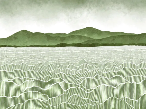 Watercolor green field and mountains wall mural
