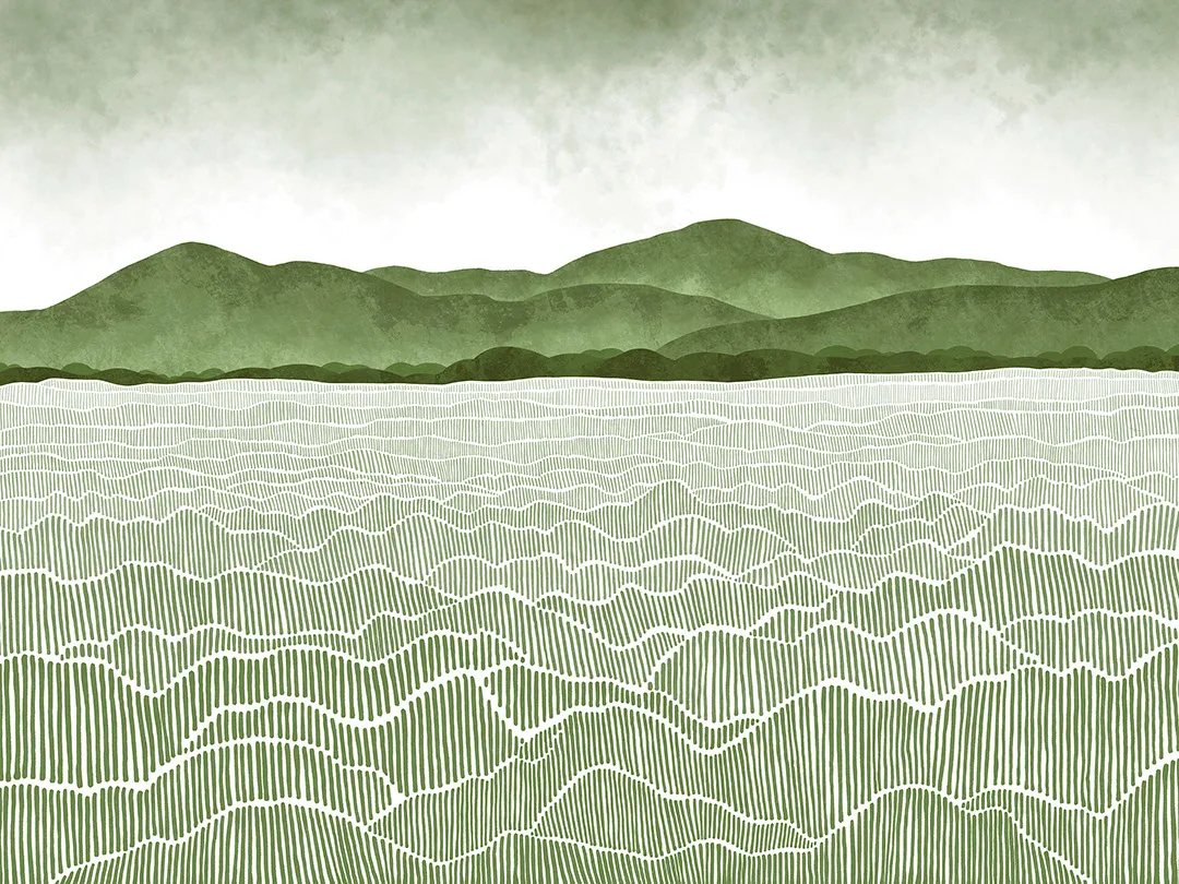 Watercolor green field and mountains wall mural