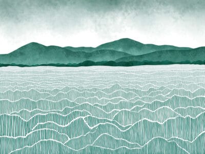 Watercolor mint field and mountains wall mural