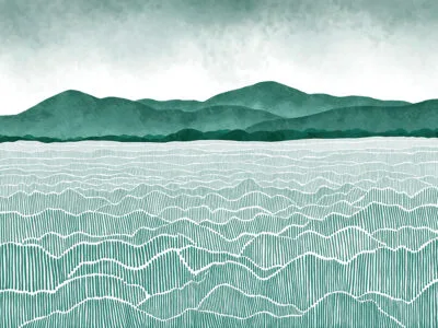 Watercolor mint field and mountains wall mural