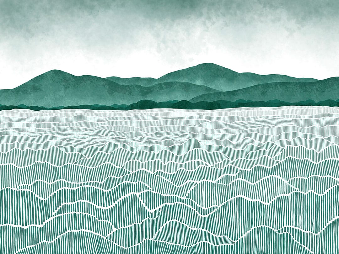 Watercolor mint field and mountains wall mural
