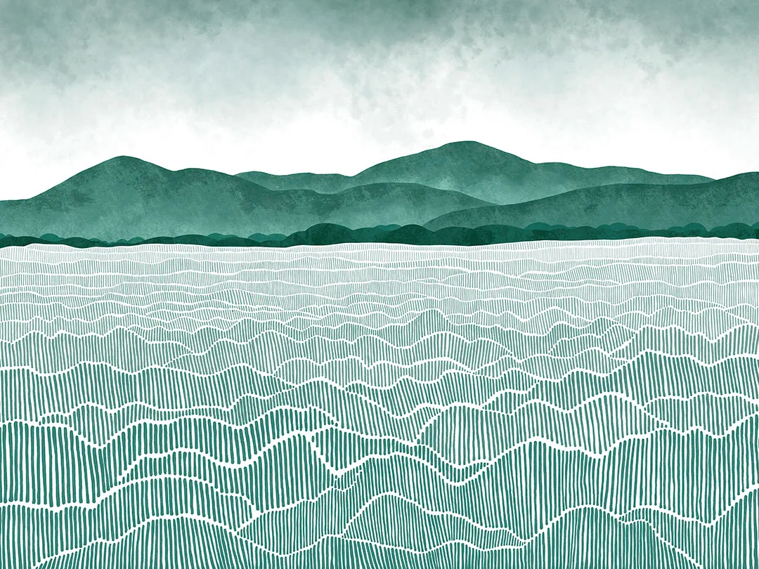 Watercolor mint field and mountains wall mural